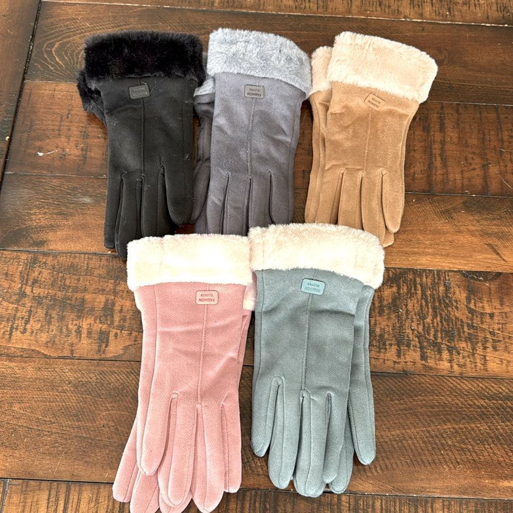 Set of 5 Plush Touchscreen Winter Gloves - Warm Faux Suede & Faux Fur Bundle